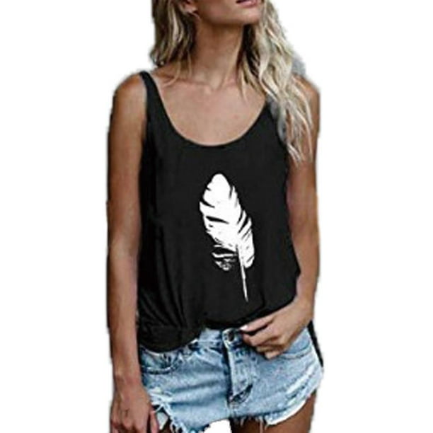 Women Feather Summer Sleeveless Shirts Retro Loose Blouse Tank Tops T-Shirt
